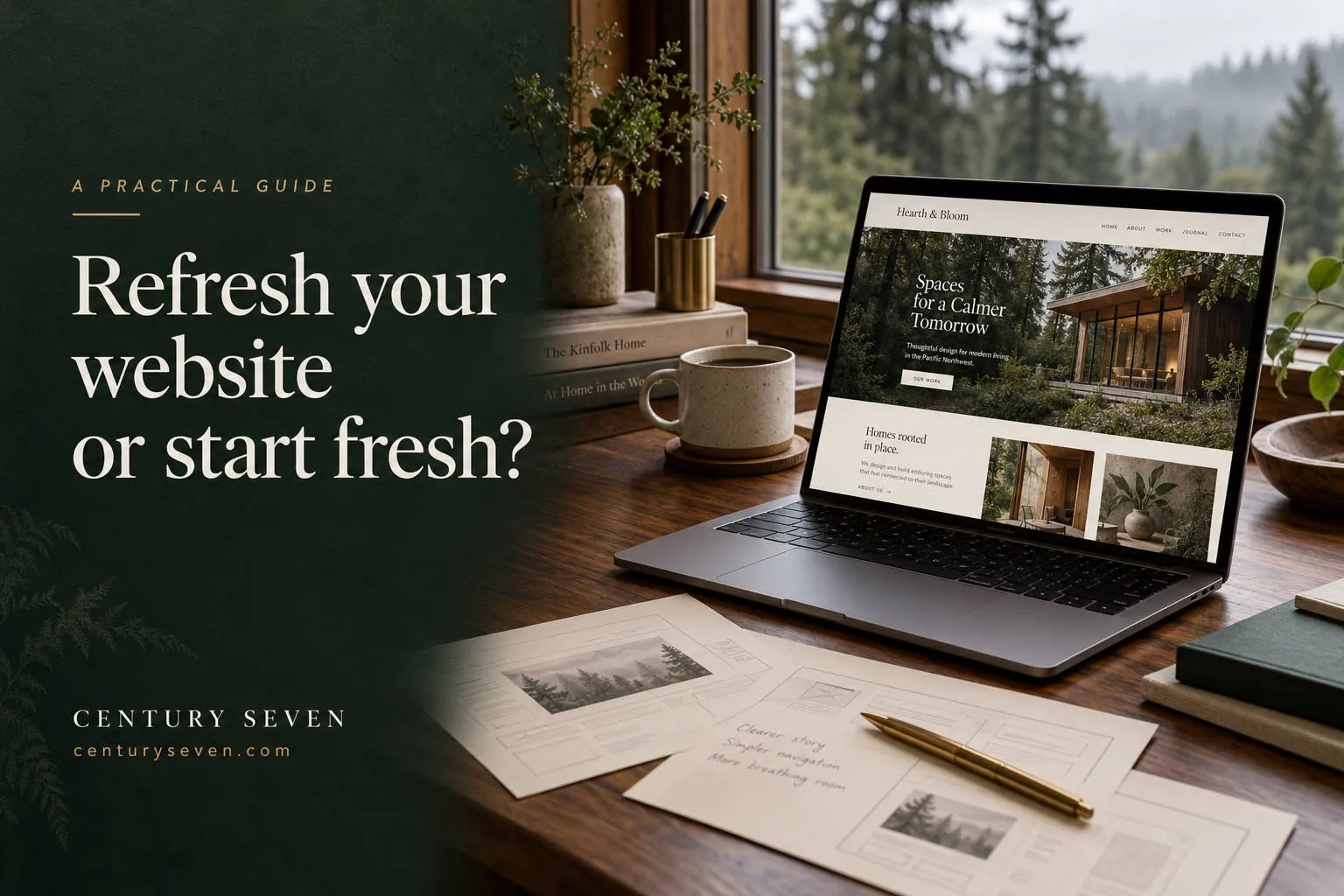A laptop showing a website design on a wooden desk beside printed wireframe sketches, with a forest view through the window