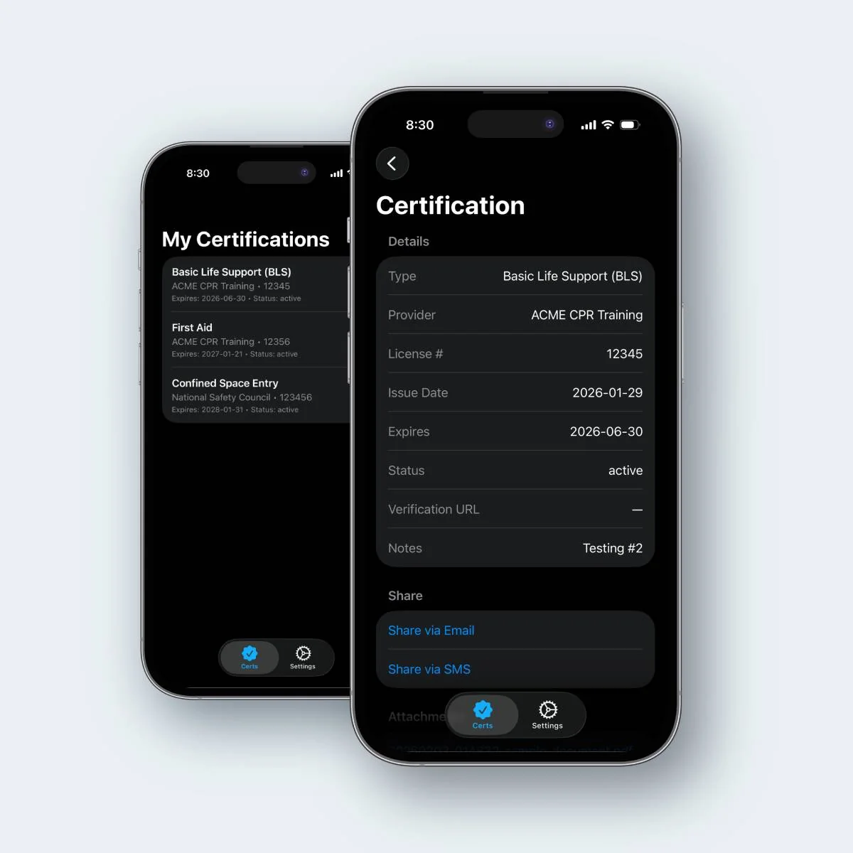 Certification detail view on tablet and phone