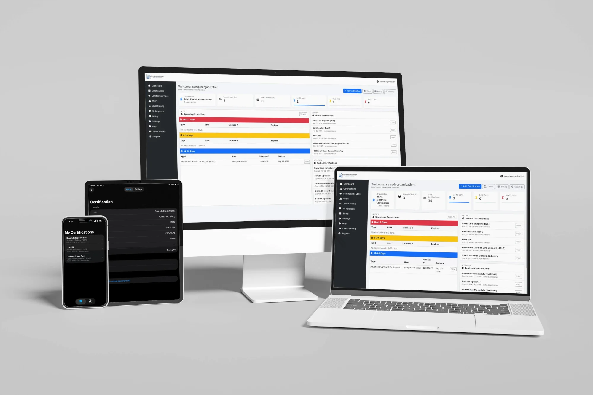 Certification Tracking App shown across a desktop, laptop, tablet, and phone