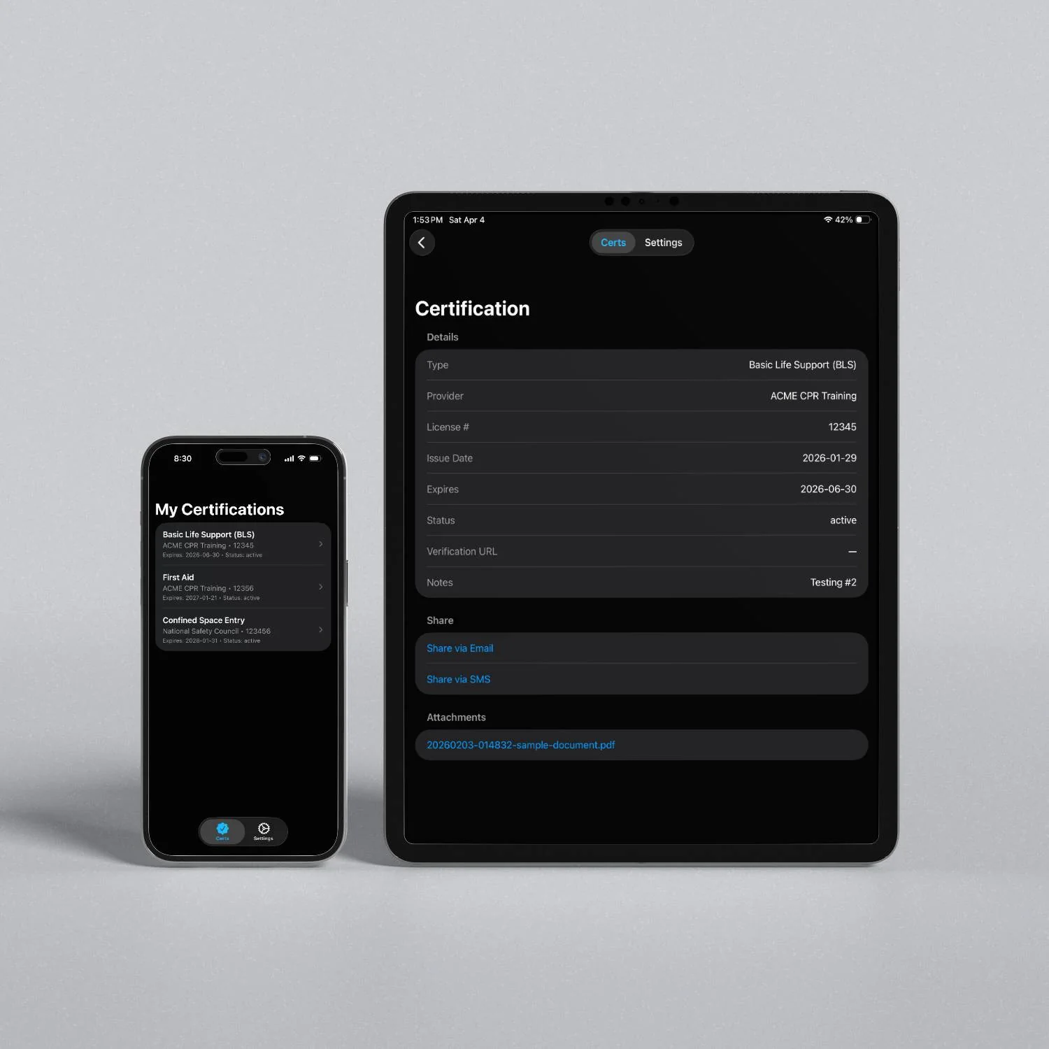 Certification list and detail views on two phones