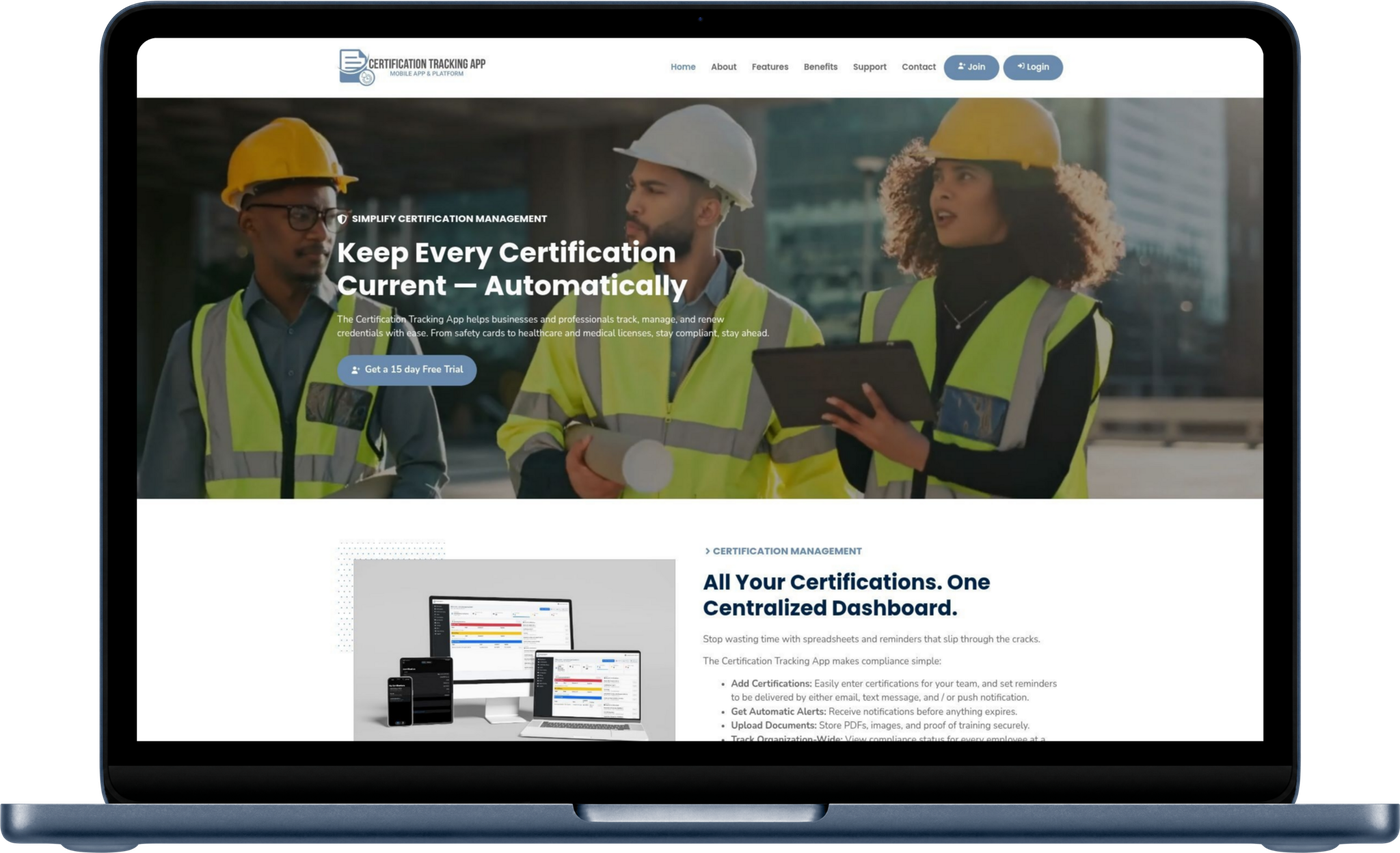 Certification Tracking App website shown on a laptop