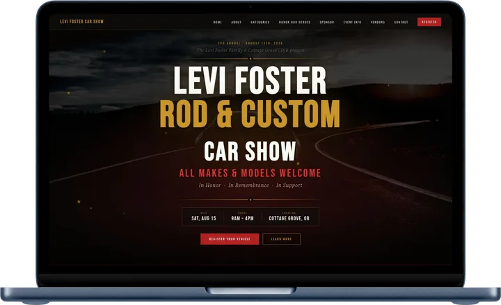 Levi Foster Rod and Custom Car Show website shown on a laptop