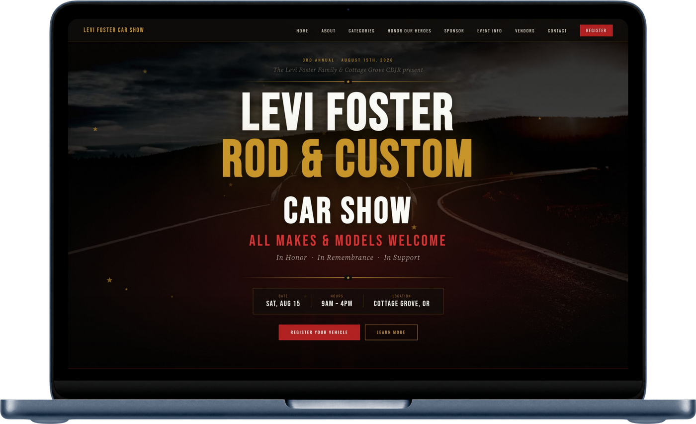 Levi Foster Rod and Custom Car Show website shown on a laptop