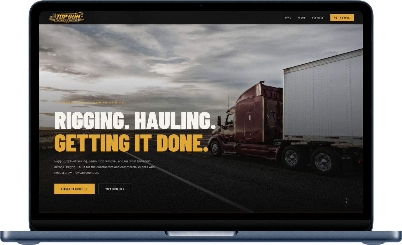 Top Gun Trucking and Rigging website shown on a laptop